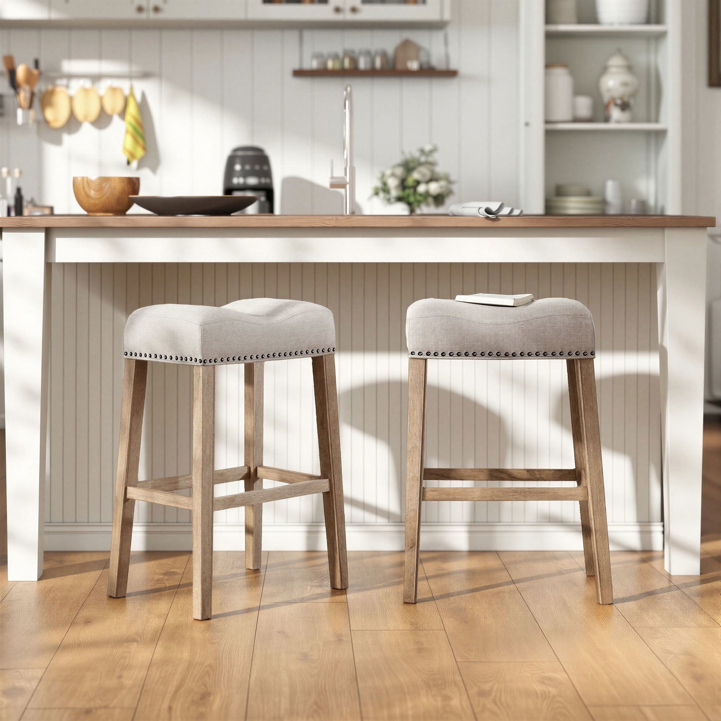 CoCo Upholstered Backless Saddle Seat Bar Stools 29" height Set of 2, Tan