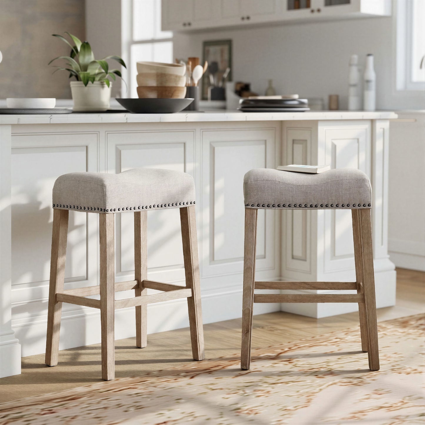 CoCo Upholstered Backless Saddle Seat Bar Stools 29" height Set of 2, Tan