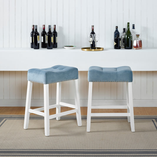 Roundhill Furniture Morovo Set of 2 Velvet Counter Height Stools with Tufted Saddle Seats, White-Wash Finish, Blue