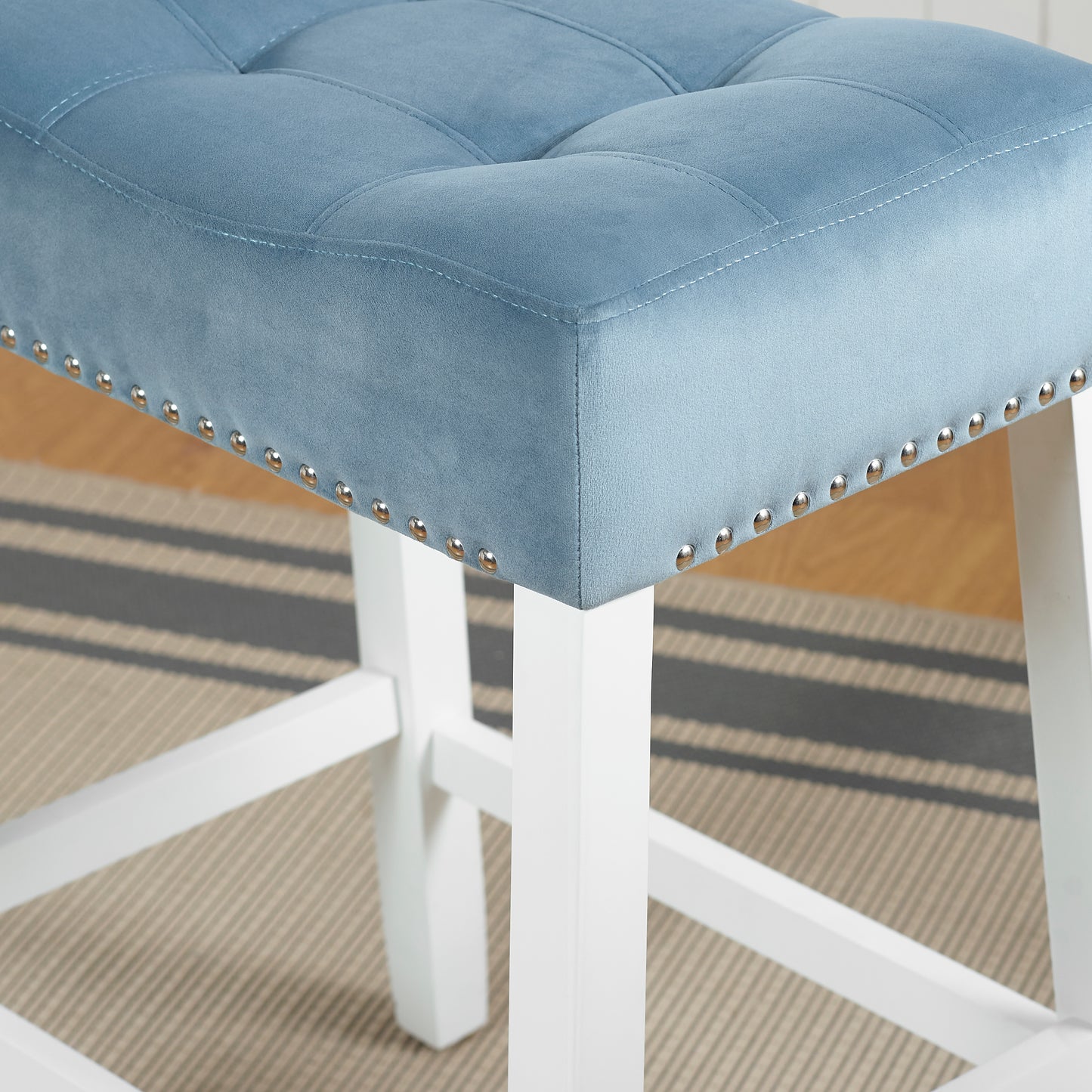 Roundhill Furniture Morovo Set of 2 Velvet Counter Height Stools with Tufted Saddle Seats, White-Wash Finish, Blue