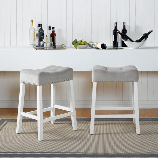 Roundhill Furniture Morovo Set of 2 Velvet Counter Height Stools with Tufted Saddle Seats, White-Wash Finish, Gray