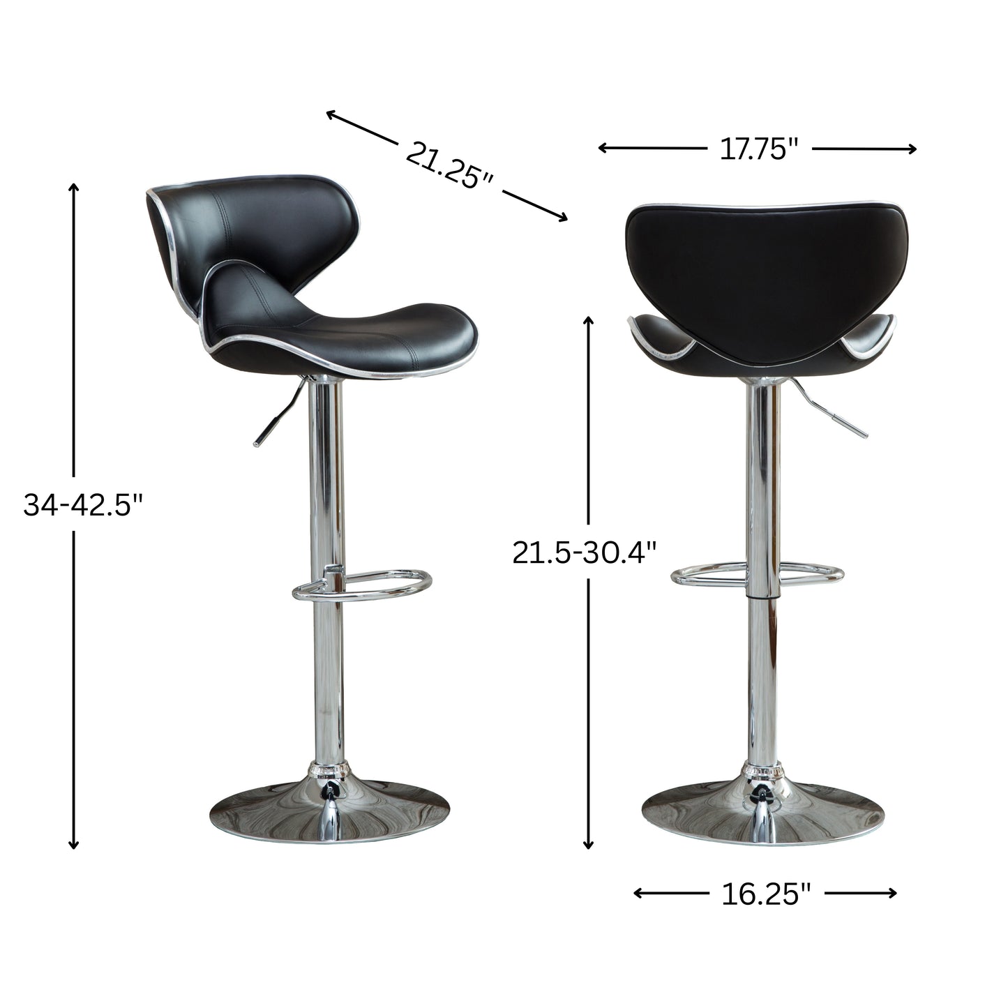 Masaccio Black Cushioned Leatherette Upholstery Airlift Adjustable'swivel Barstool with Chrome Base, Set of 2