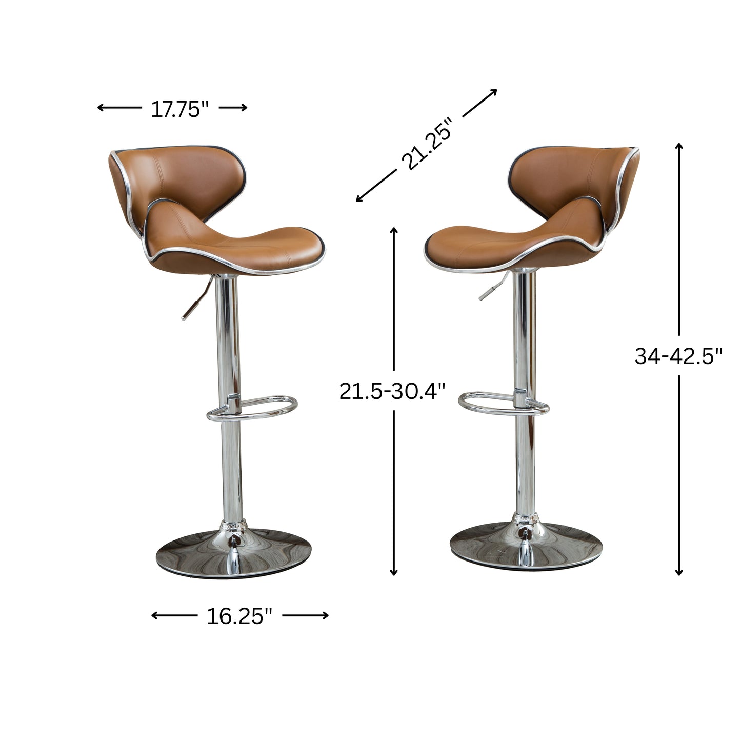 Masaccio Caramel Cushioned Leatherette Upholstery Airlift Adjustable'swivel Barstool with Chrome Base, Set of 2