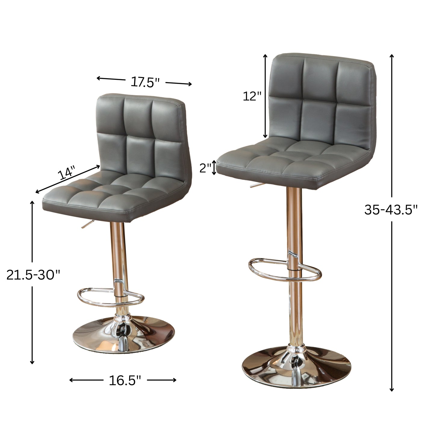 Swivel Leather Adjustable Hydraulic Bar Stool, Set of 2, Gray