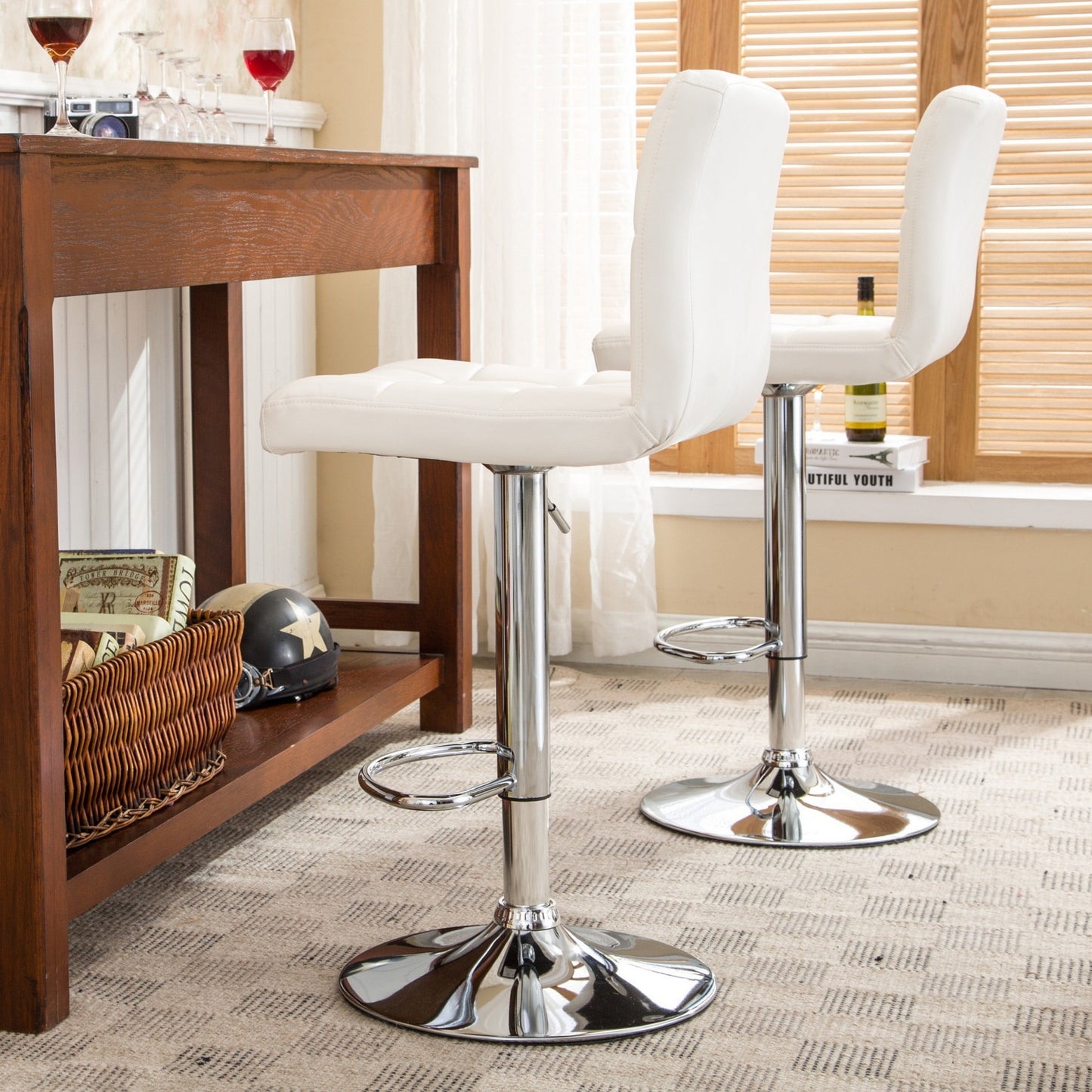 Swivel Faux Leather Adjustable Hydraulic Bar Stool - Set of 2 White
