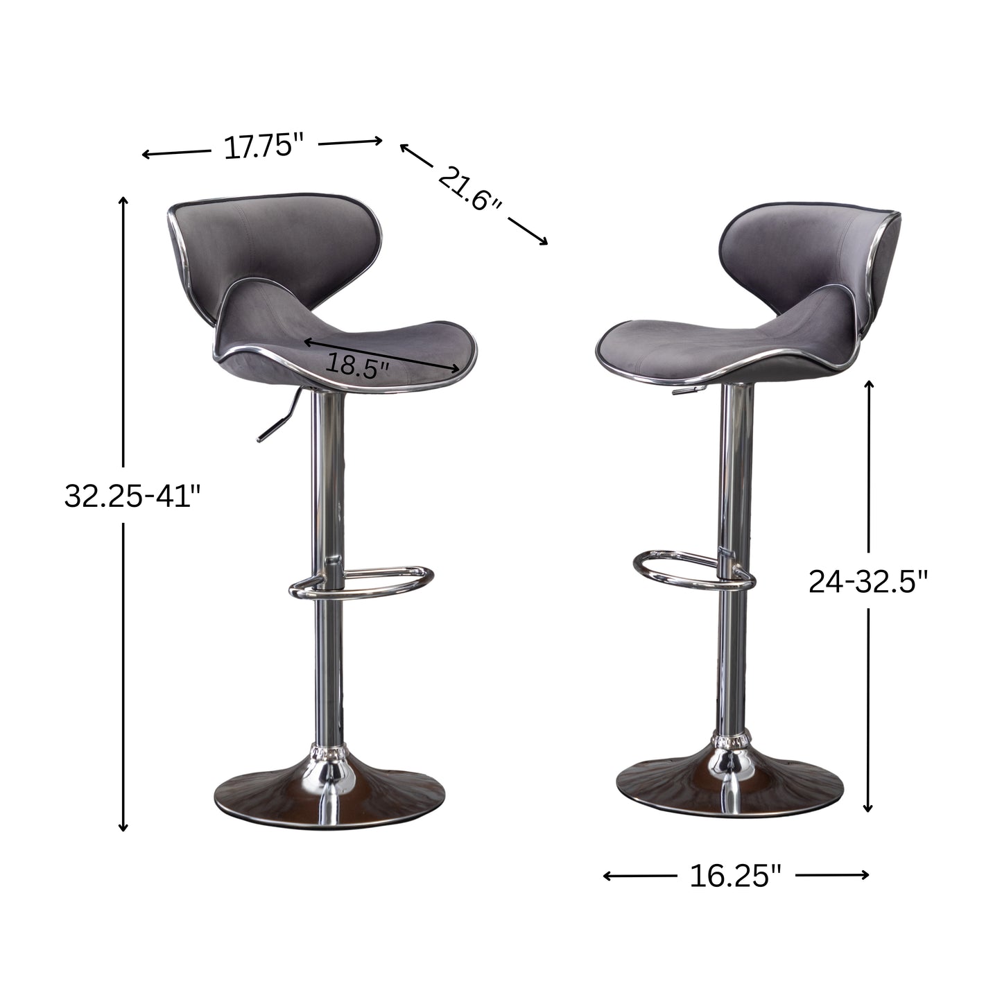 Masaccio Velvet Upholstered Adjustable'swivel Barstool, Set of 2, Gray