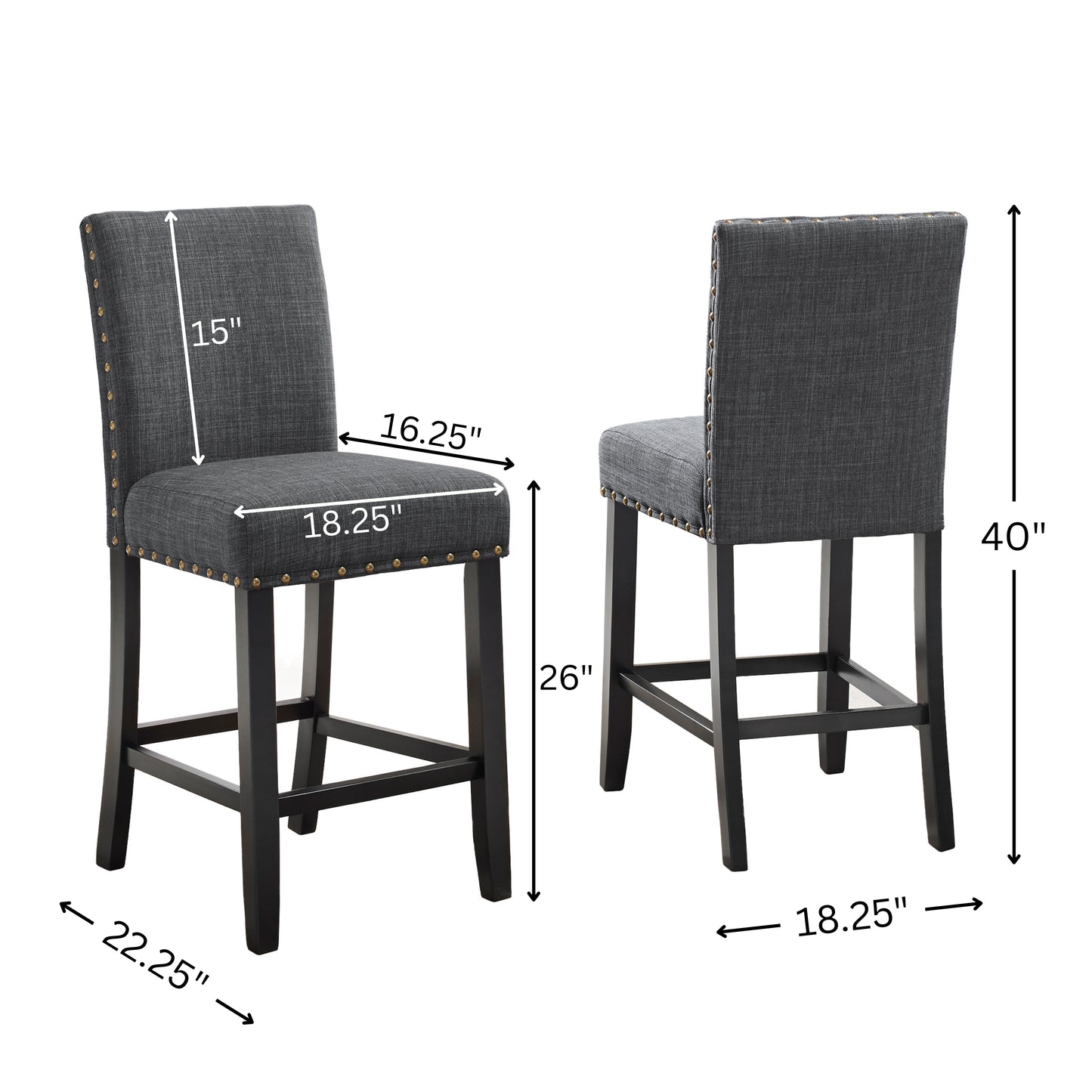Biony Gray Fabric Counter Height Stools with Nailhead Trim, Set of 2