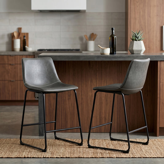Lotusville Vintage PU Leather Counter Height Stools, Antique Gray, Set of 2