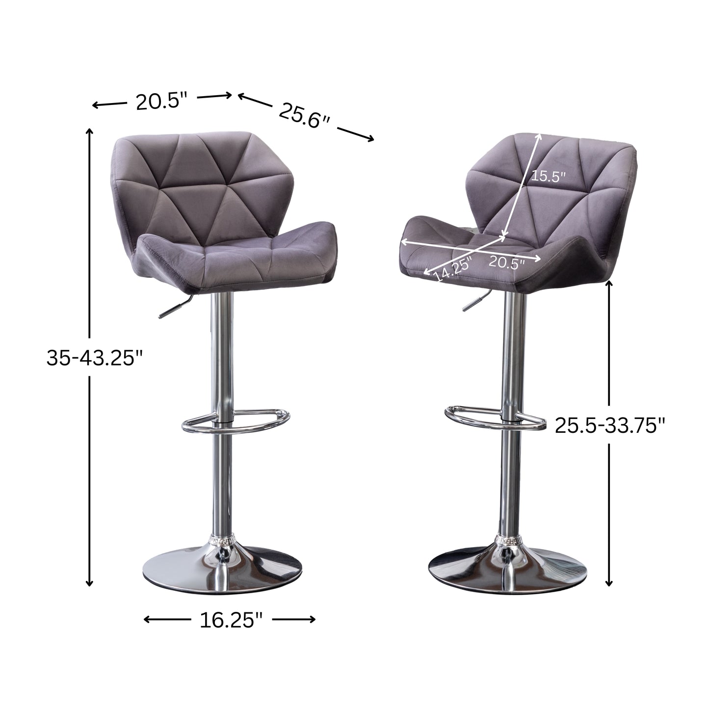 Breni Velvet Diamond Tufted Swivel Adjustable Height Barstool, Set of 2, Gray