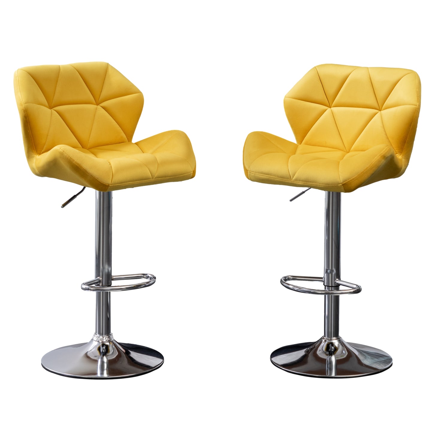 Breni Velvet Diamond Tufted Swivel Adjustable Height Barstool, Set of 2, Yellow