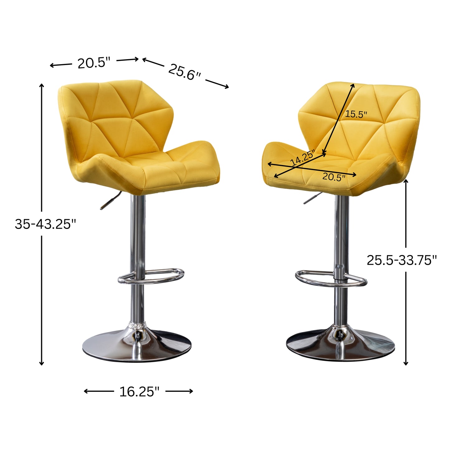 Breni Velvet Diamond Tufted Swivel Adjustable Height Barstool, Set of 2, Yellow