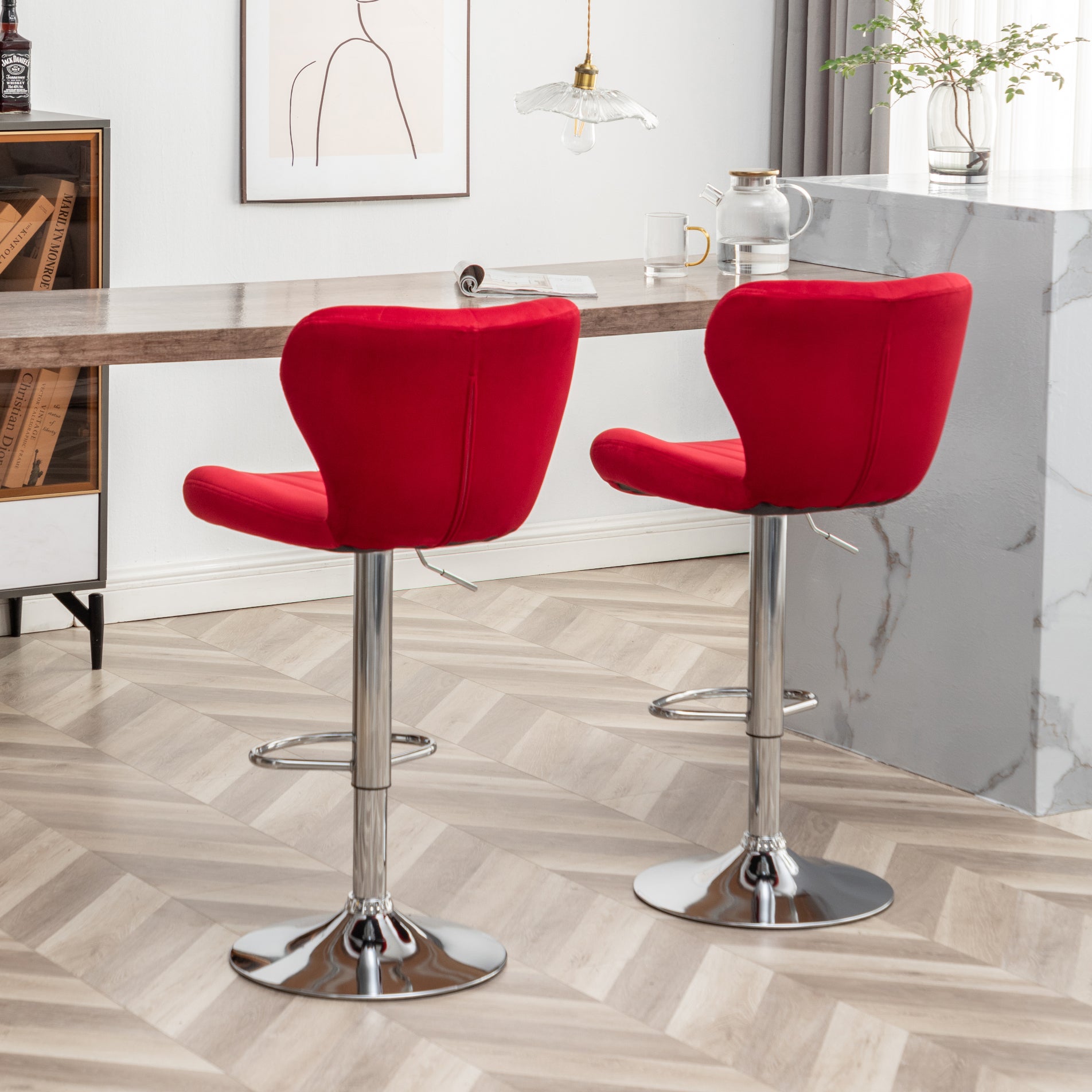 Ellston Upholstered Adjustable Swivel Barstools in Red, Set of 2