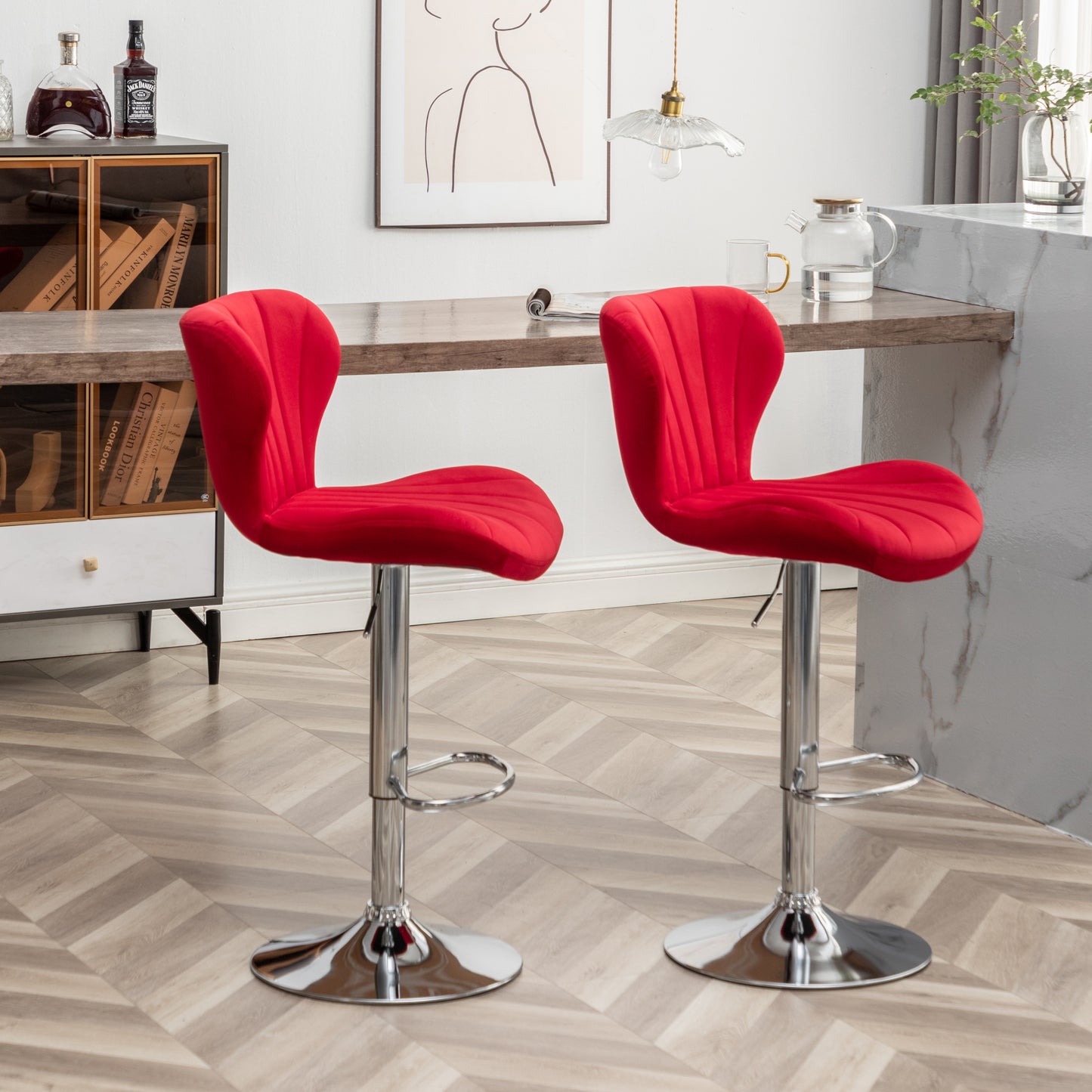 Ellston Upholstered Adjustable Swivel Barstools in Red, Set of 2