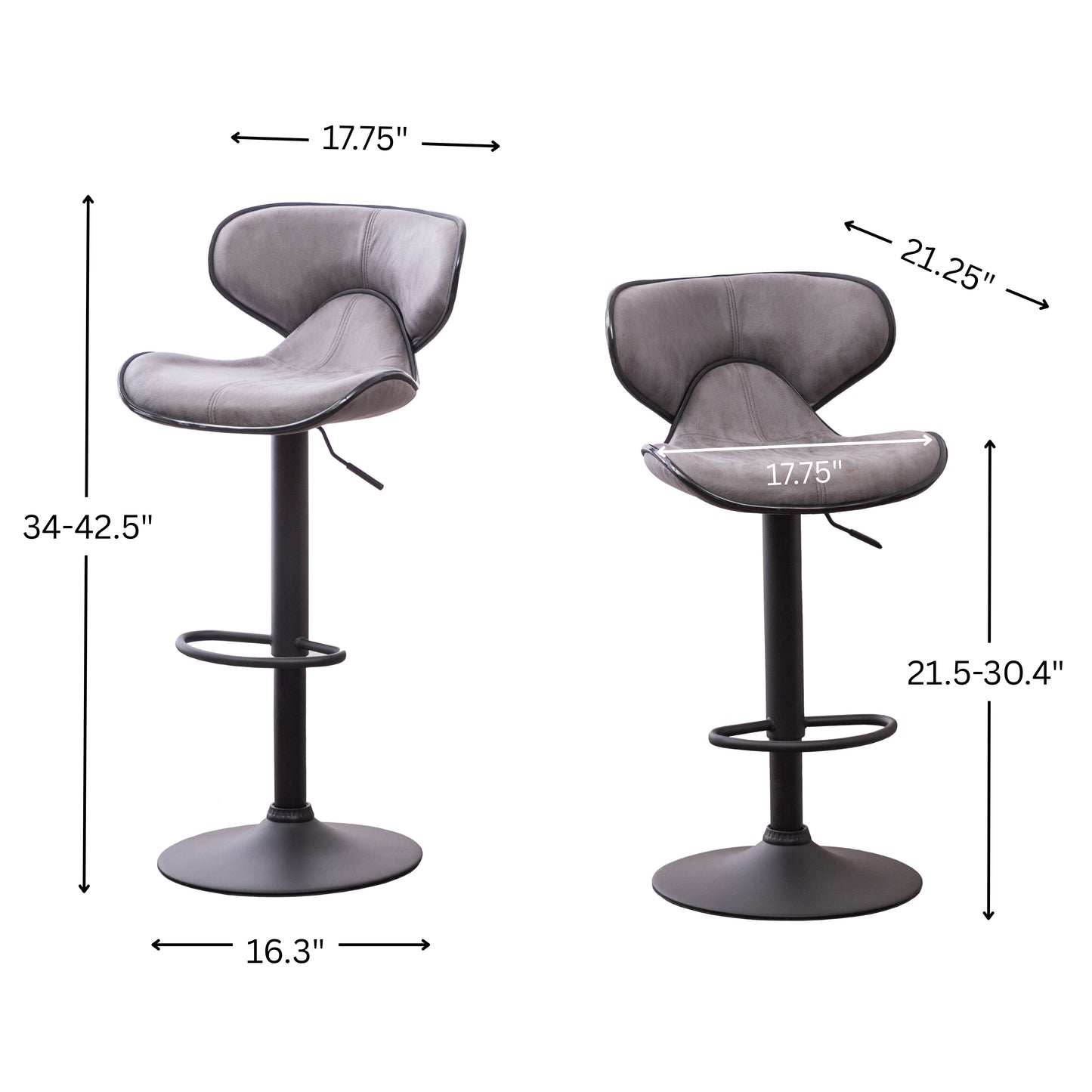 Masaccio Weathered Upholstery Airlift Adjustable'swivel Barstool with Chrome Base, Set of 2, Grey