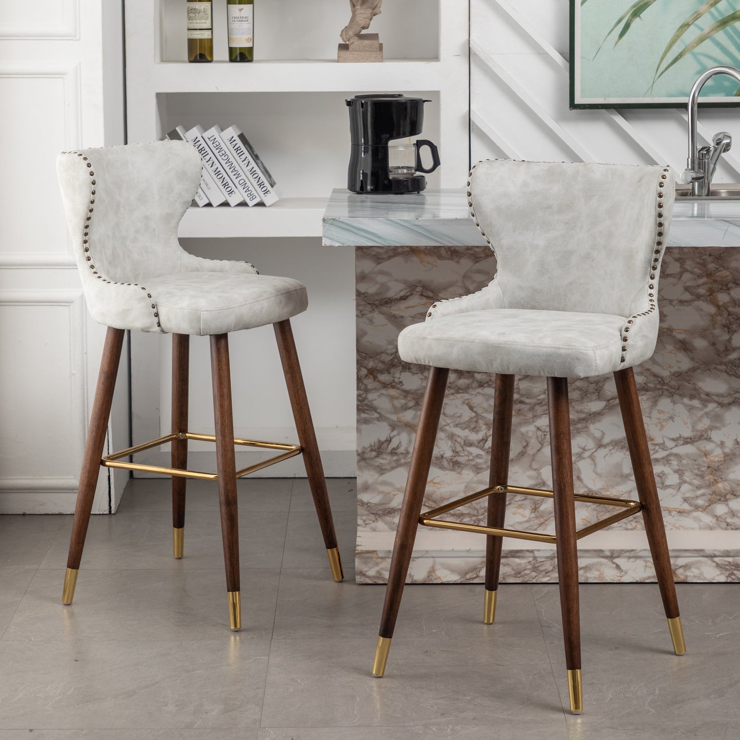 Roundhill Furniture Nevis Mid-century Modern Faux Leather Tufted Nailhead Trim Barstools, Set of 2