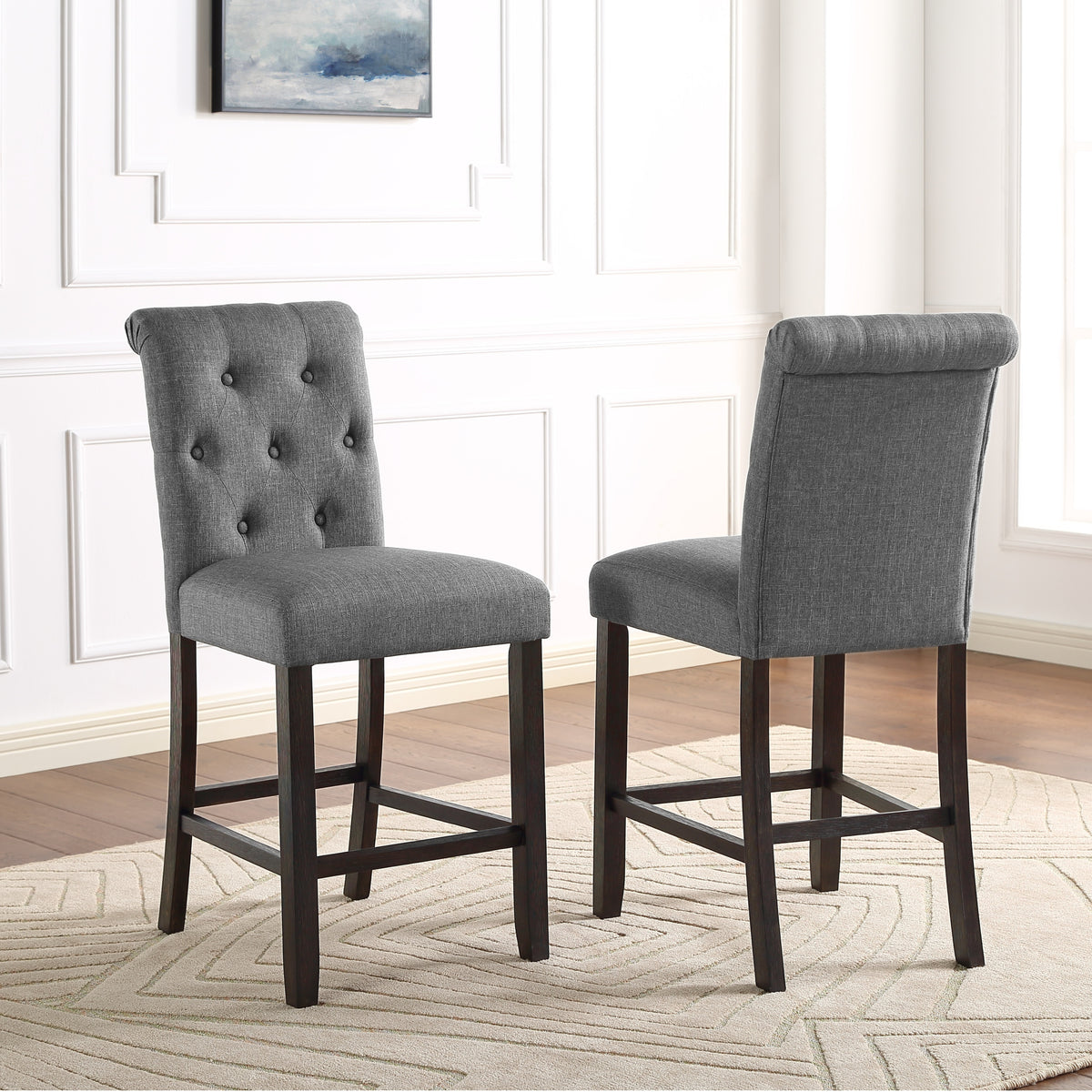 Leviton Solid Wood Tufted Asons Counter Height Stool, Set of 2, Grey