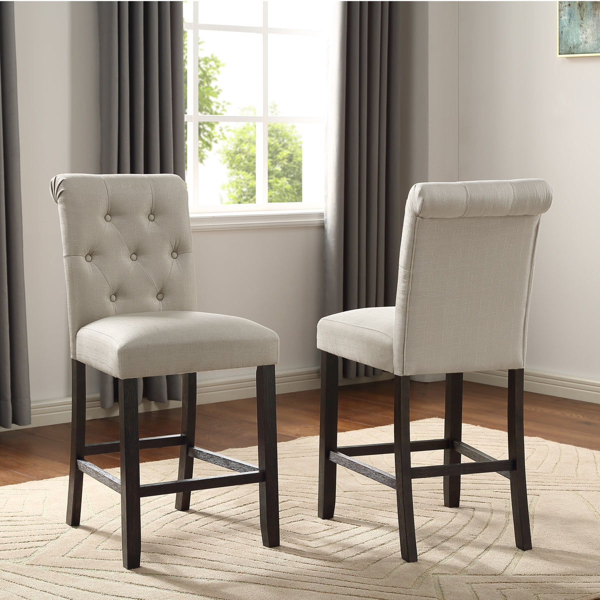 Leviton Solid Wood Tufted Asons Counter Height Stool, Set of 2, Tan
