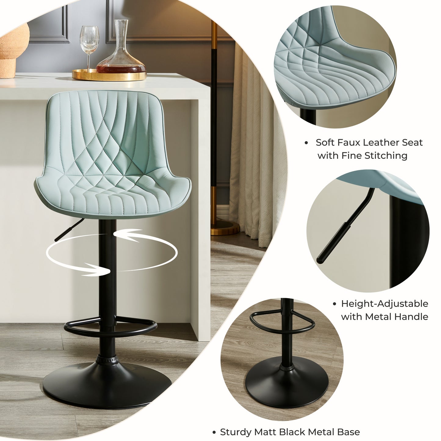 Roundhill Furniture Kovyn Contemporary Adjustable Barstool with Faux Leather Swivel Seats, Set of 2