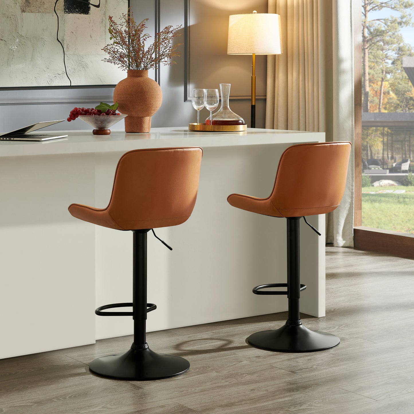 Roundhill Furniture Kovyn Contemporary Adjustable Barstool with Faux Leather Swivel Seats, Set of 2