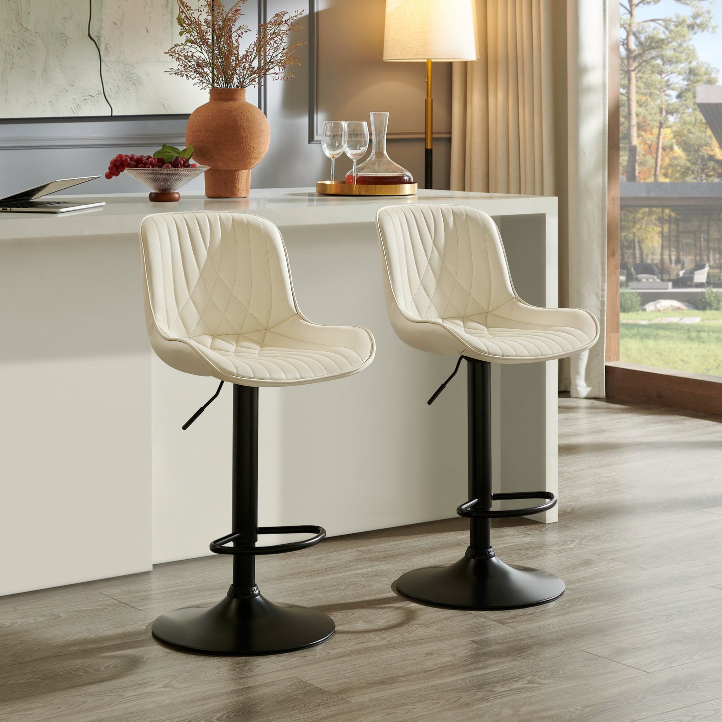 Roundhill Furniture Kovyn Contemporary Adjustable Barstool with Faux Leather Swivel Seats, Set of 2