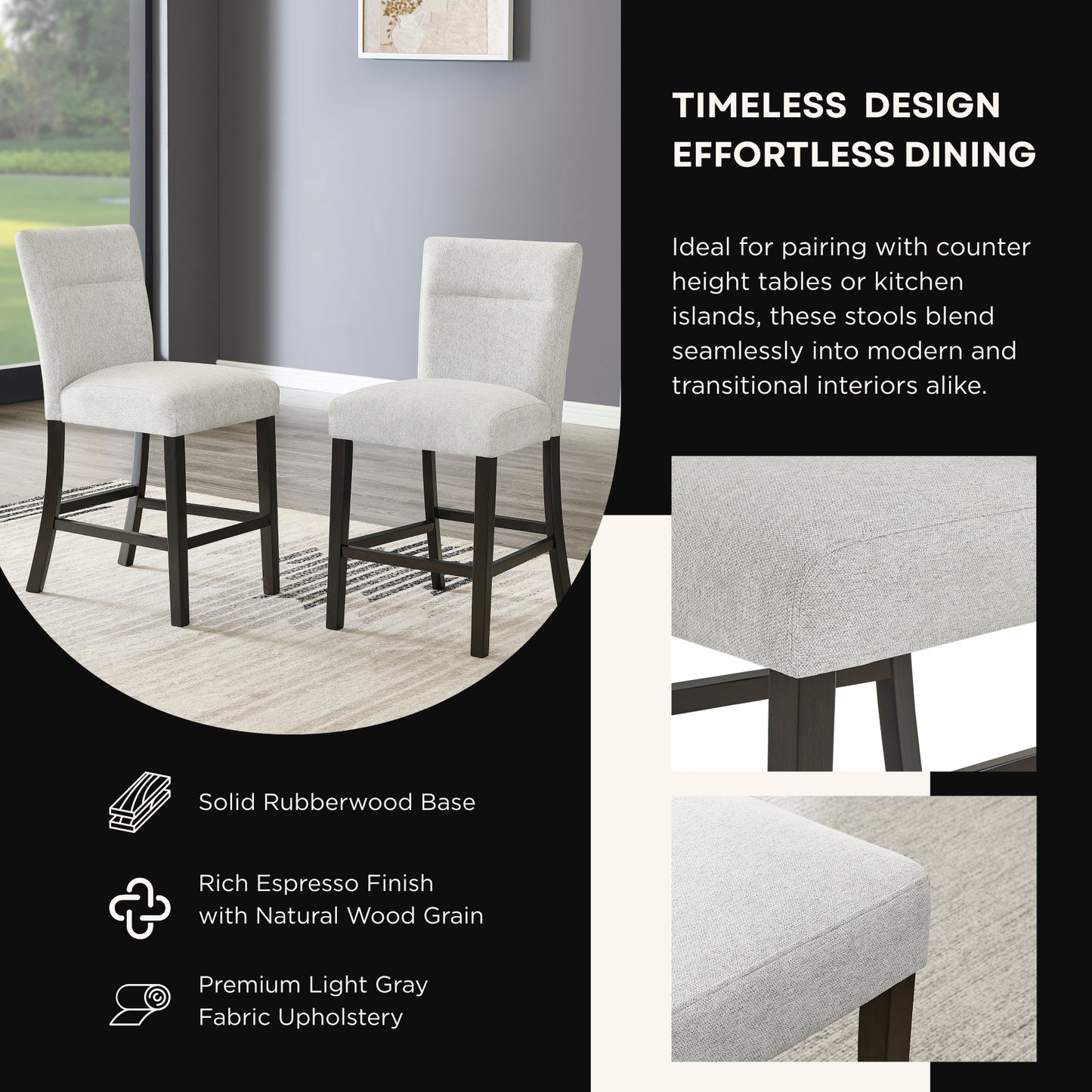 Roundhill Furniture Cavira Modern Upholstered Counter Height Stools, Set of 2, Gray