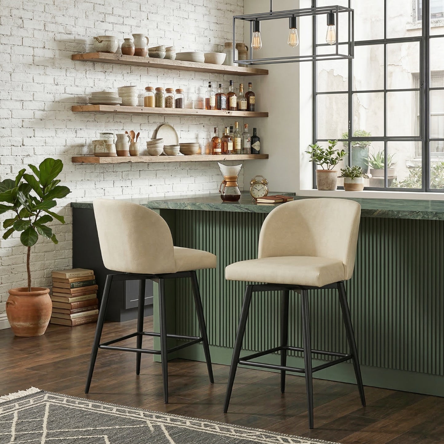 Roundhill Furniture Rhythm Modern Upholstered Counter Height Stool, 360° Swivel, Set of 2