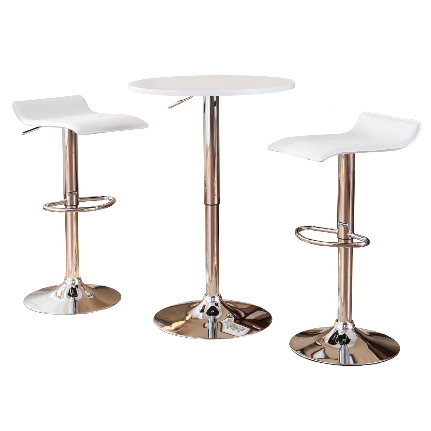 Baxton White Adjustable Height Wood and Chrome Metal Bar Table and 2 Chrome Air Lift Adjustable'swivel Stools Set