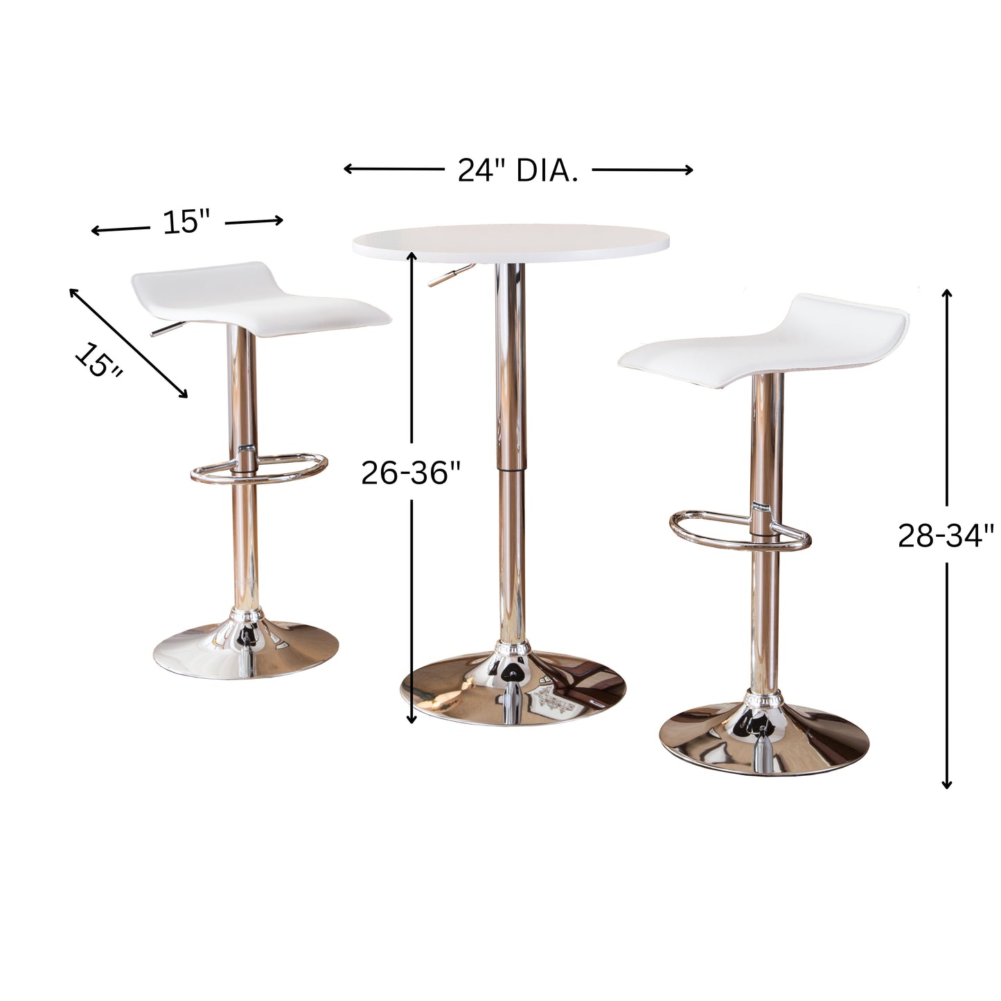 Baxton White Adjustable Height Wood and Chrome Metal Bar Table and 2 Chrome Air Lift Adjustable'swivel Stools Set