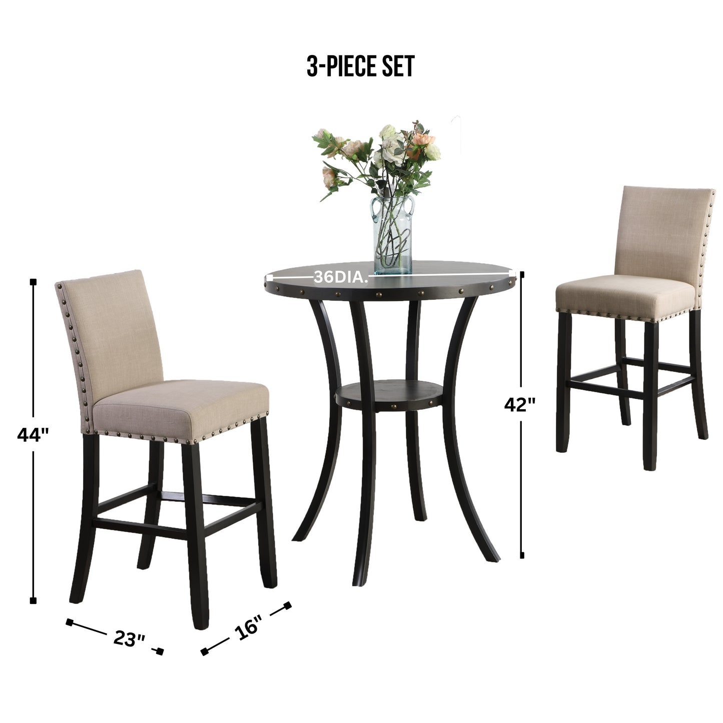 Biony 3-Piece 36" Round Espresso Finish Bar Table with 2 Tan Fabric Nail Head Pub Chairs