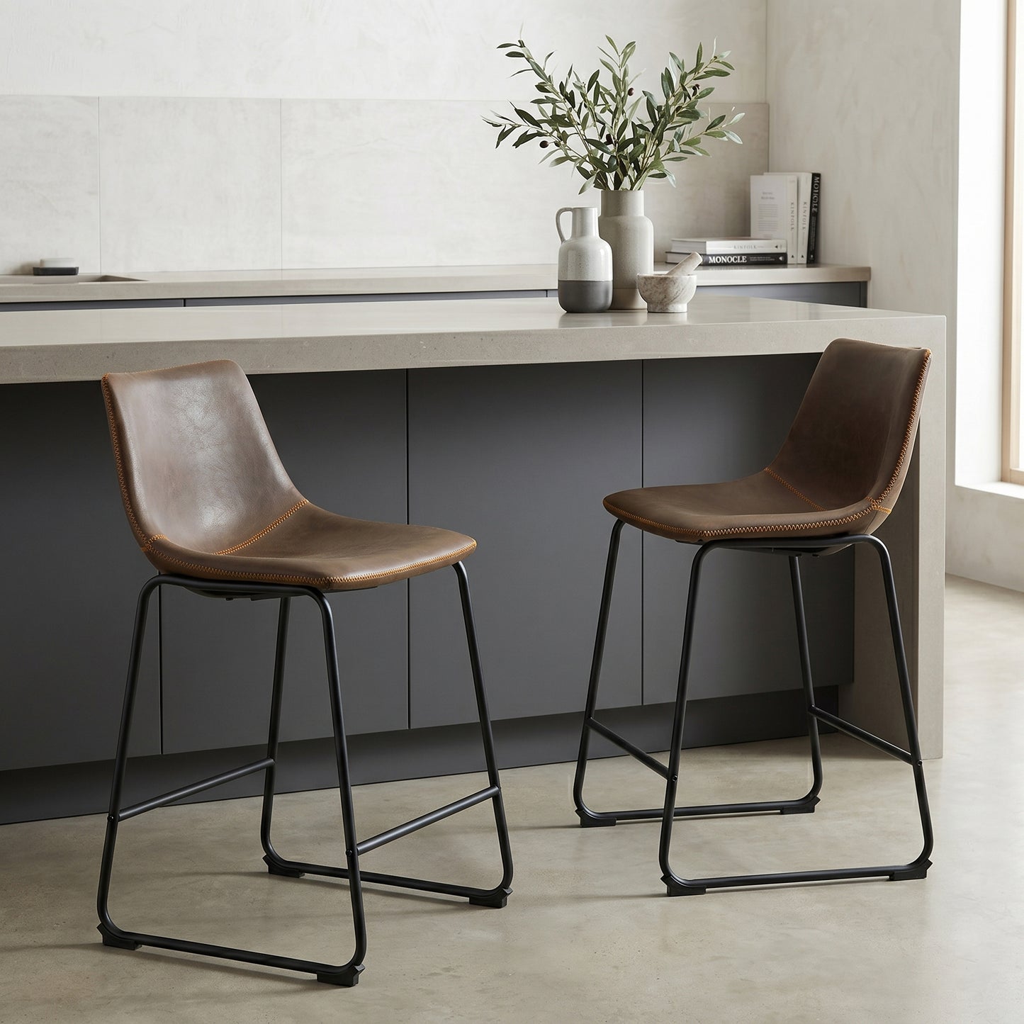 Lotusville Vintage PU Leather Counter Height Stools, Antique Brown, Set of 2