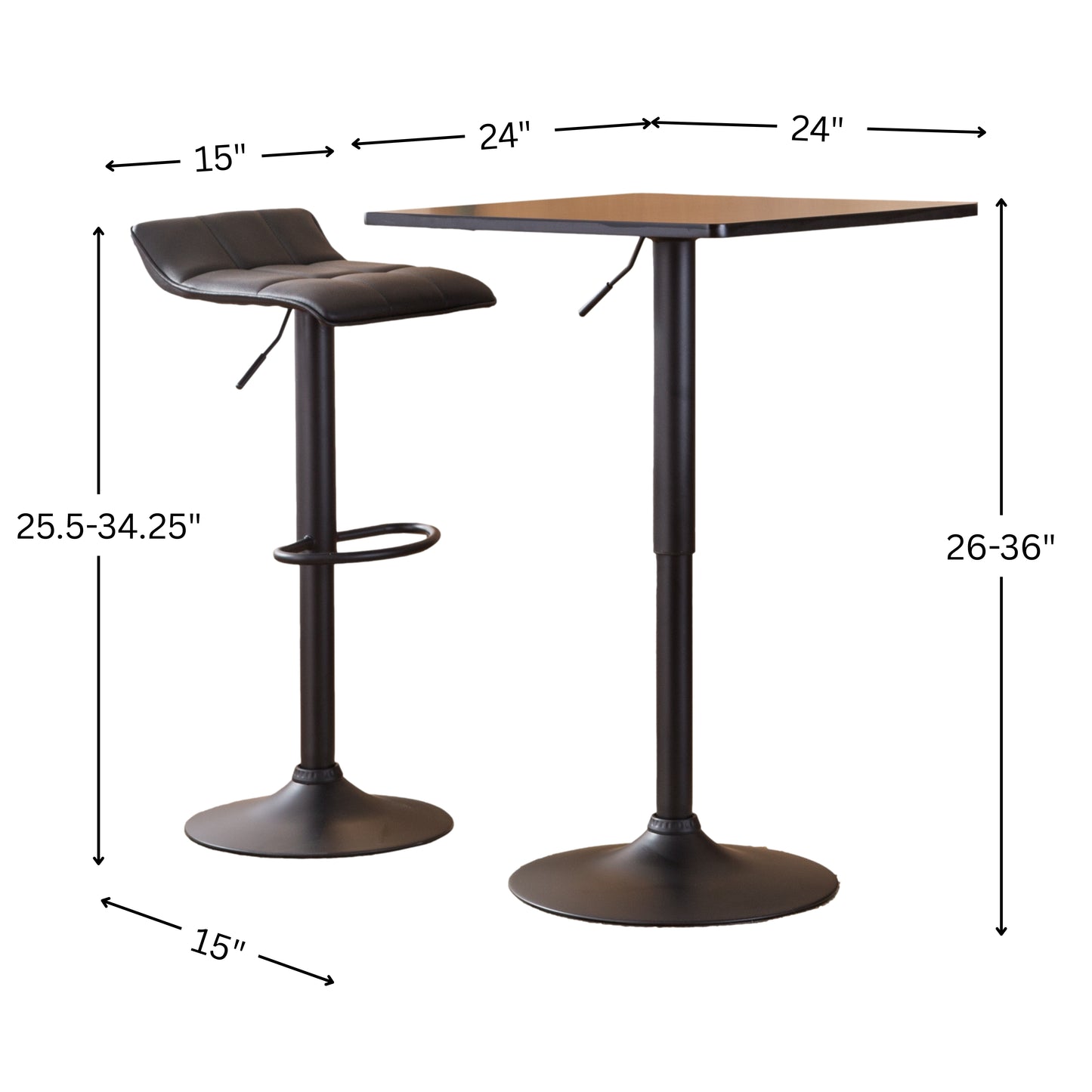Belham Black Square Adjustable Metal Base 3-Piece Bar table'set