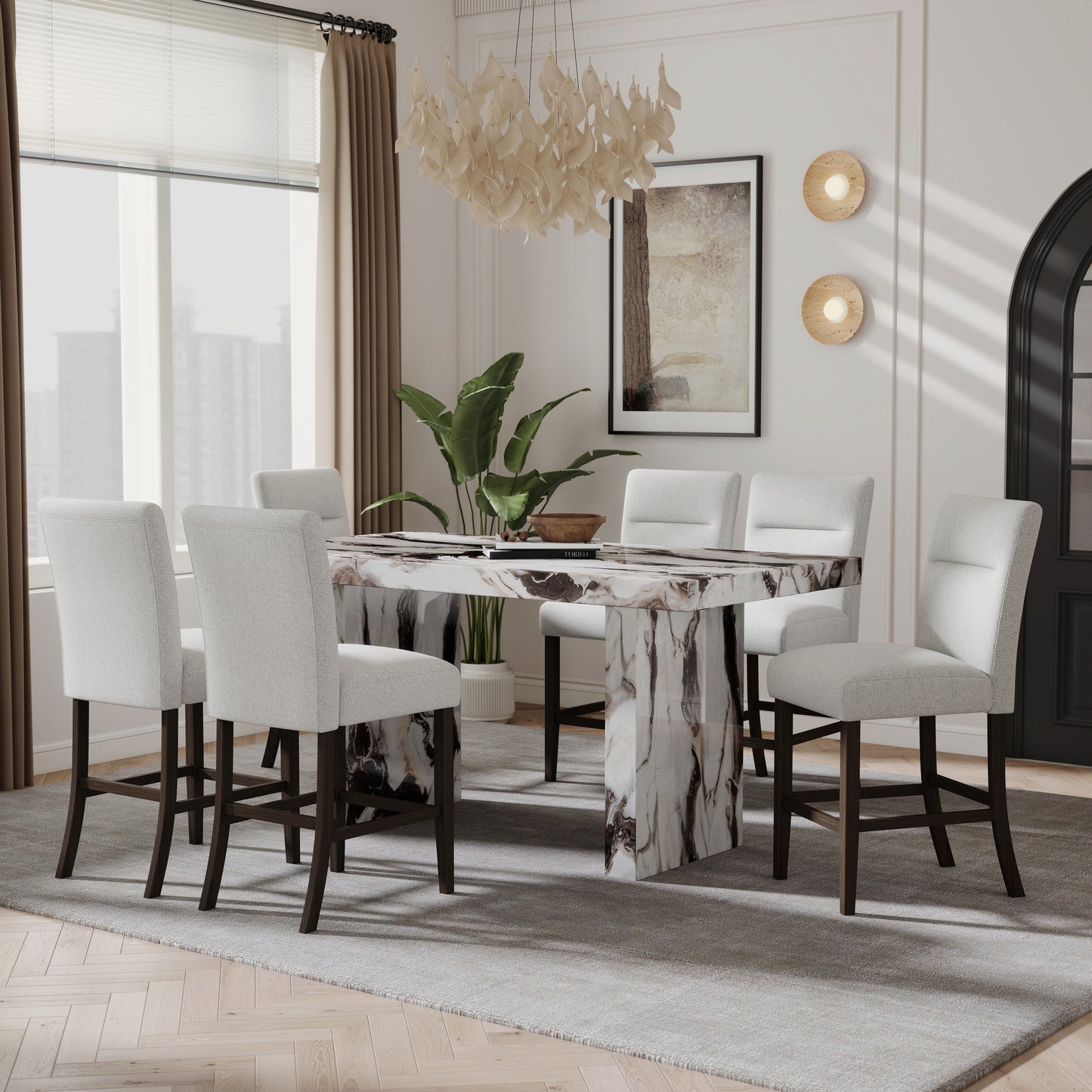 Tabner Cavira 7-Piece Modern Faux Marble Dining Set