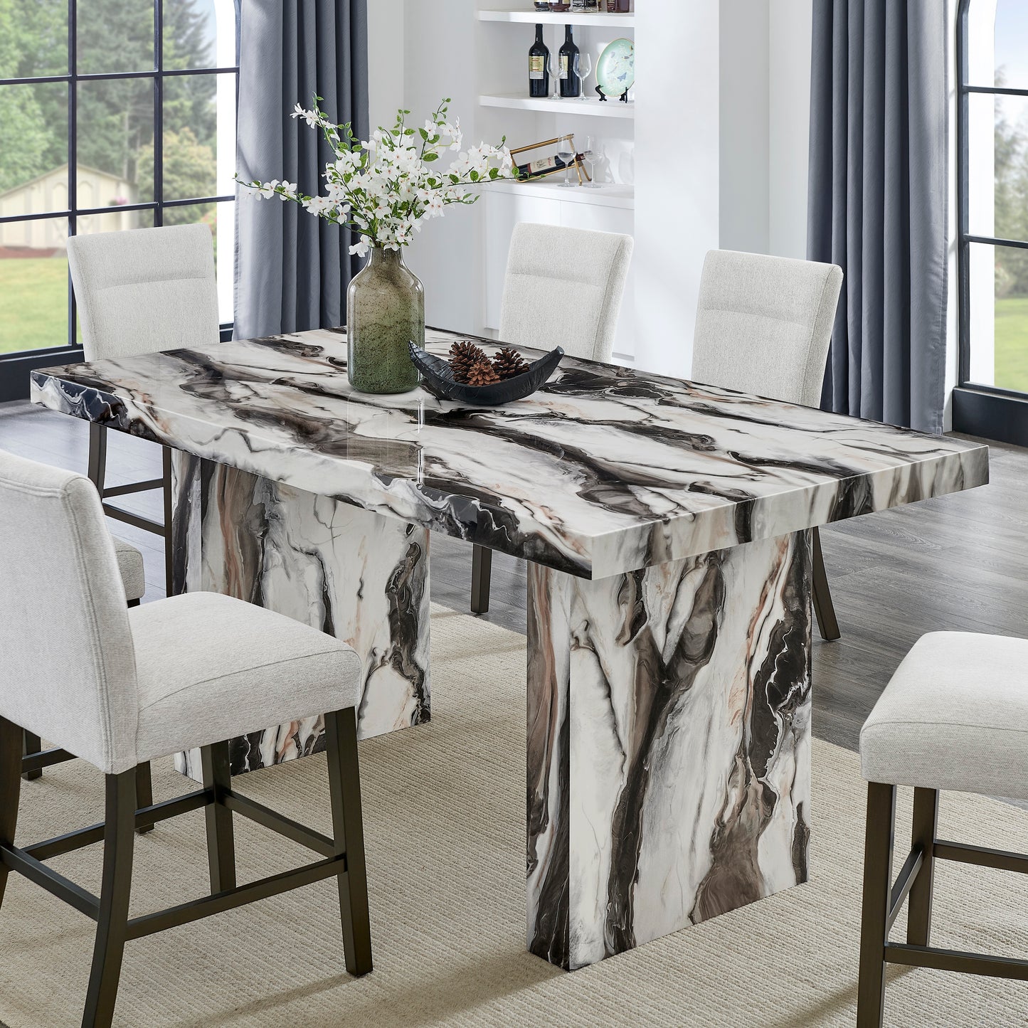 Tabner Cavira 7-Piece Modern Faux Marble Dining Set
