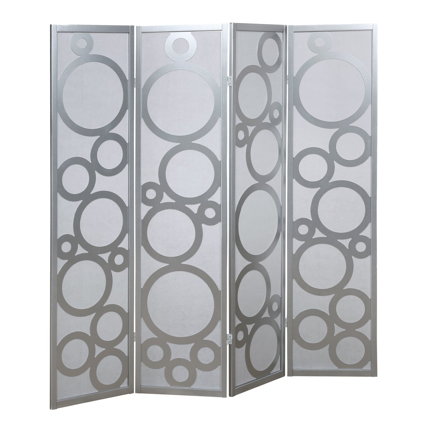 Arvada 4-Panel Wood Room Divider with Circle Pattern, Silver