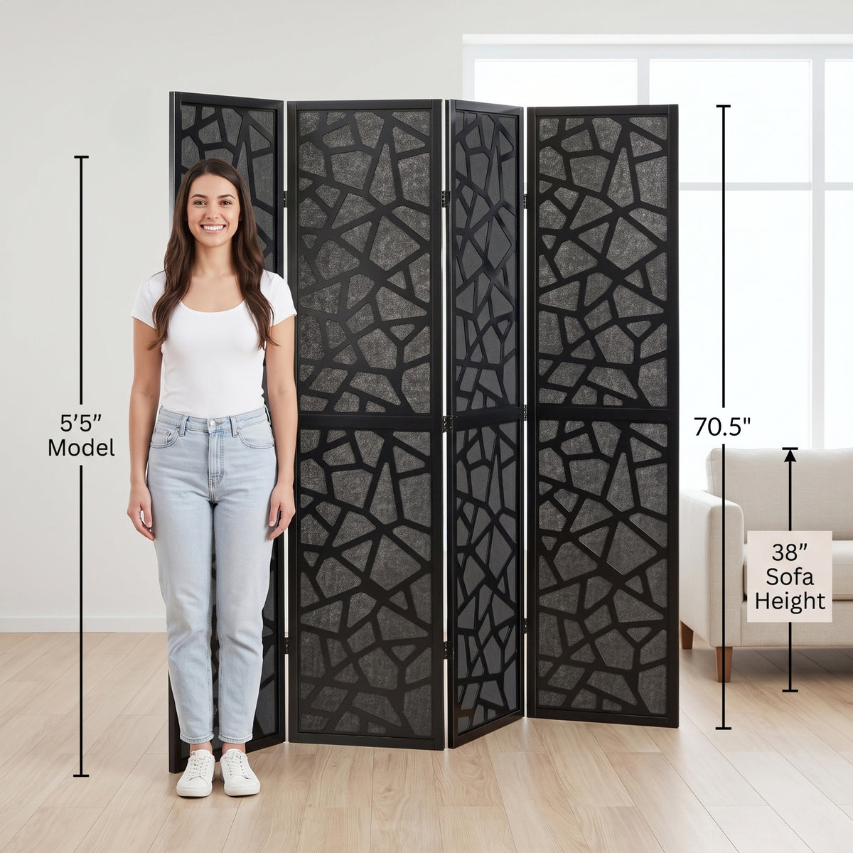 Roundhill Furniture Aurra 4-Panel Wood Room Divider, Folding Portable Partition Screen