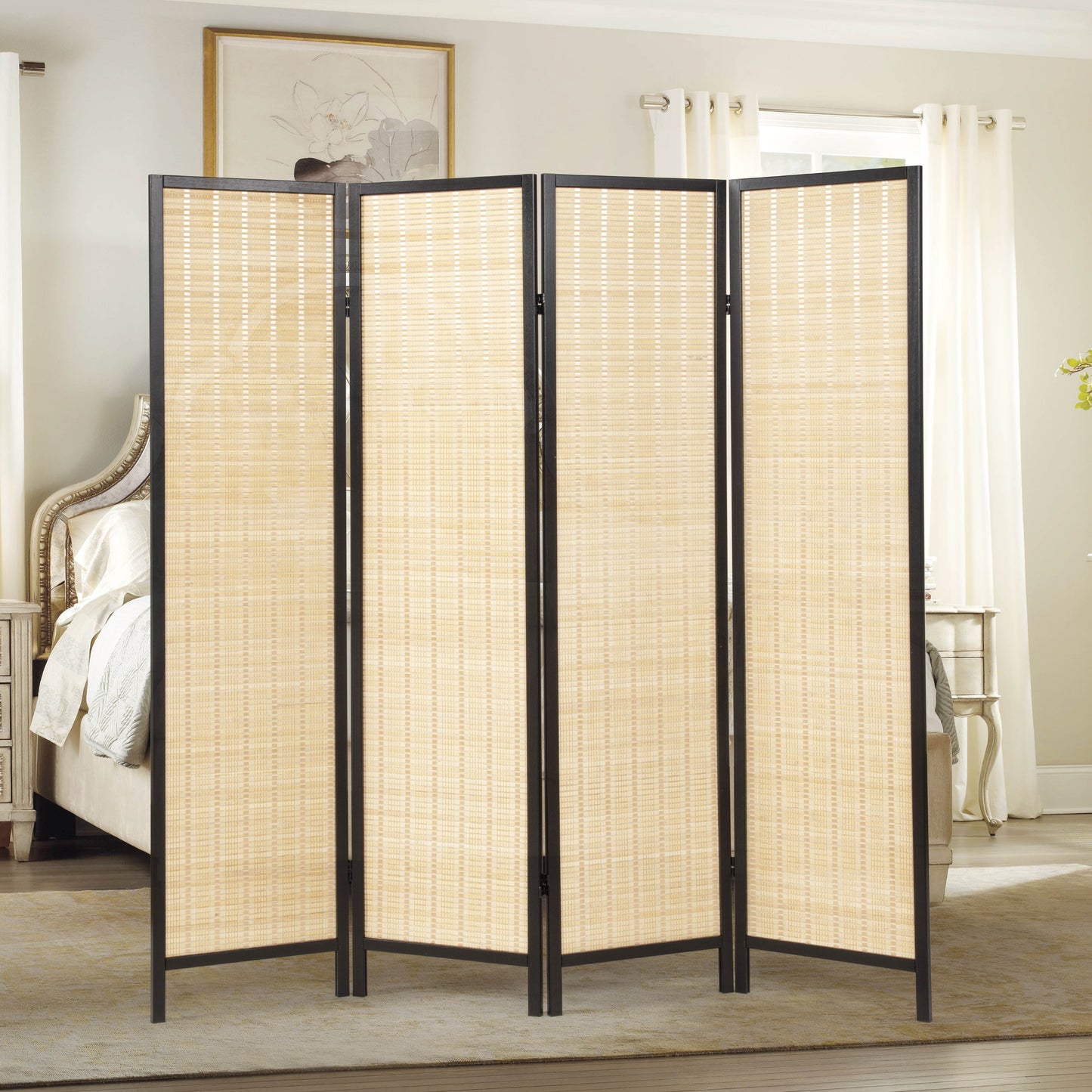 Roundhill Furniture Inkwell 4-Panel Bamboo Room Divider, Folding Portable Partition Screen