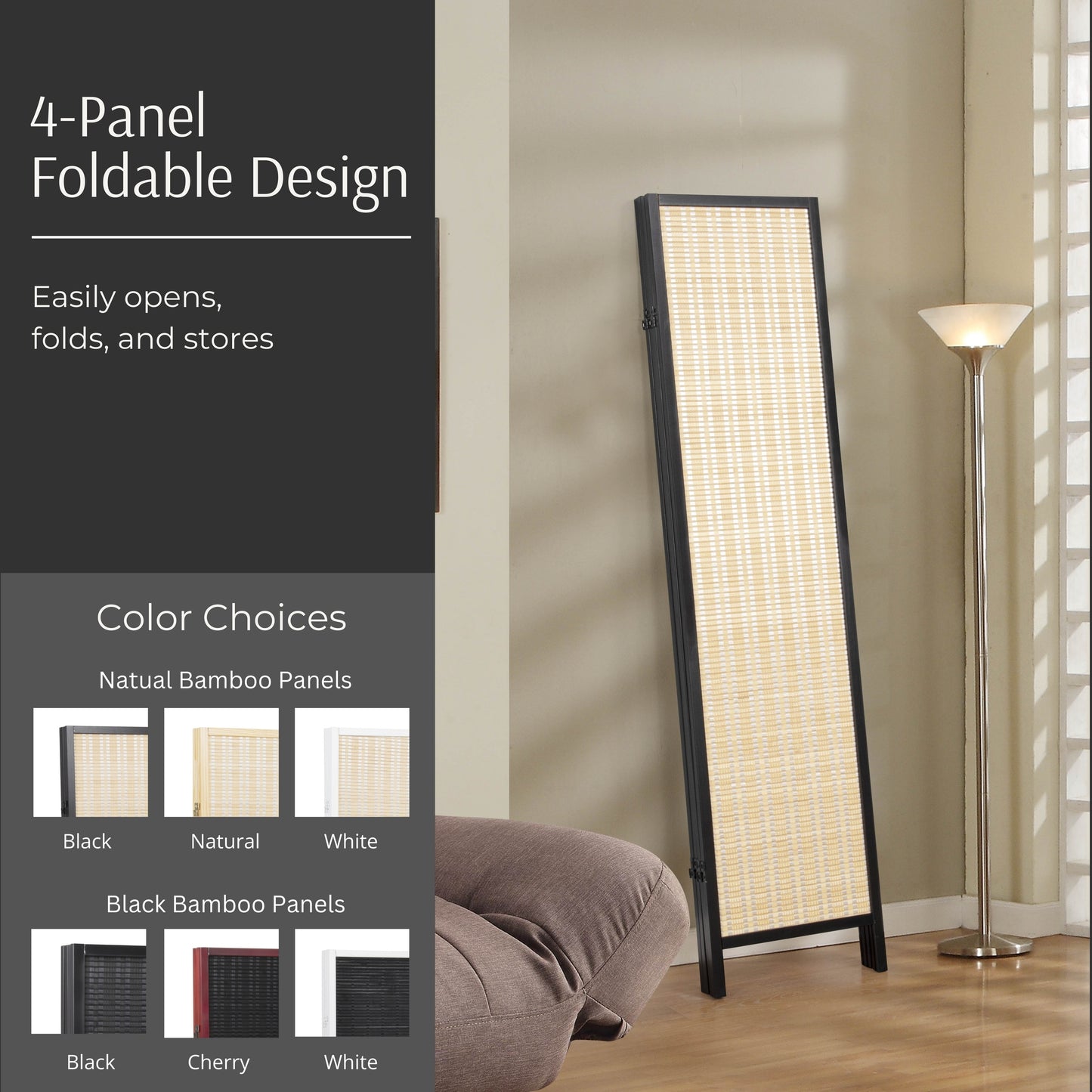 Tabner Inkwell 4-Panel Bamboo Room Divider, Folding Portable Partition Screen