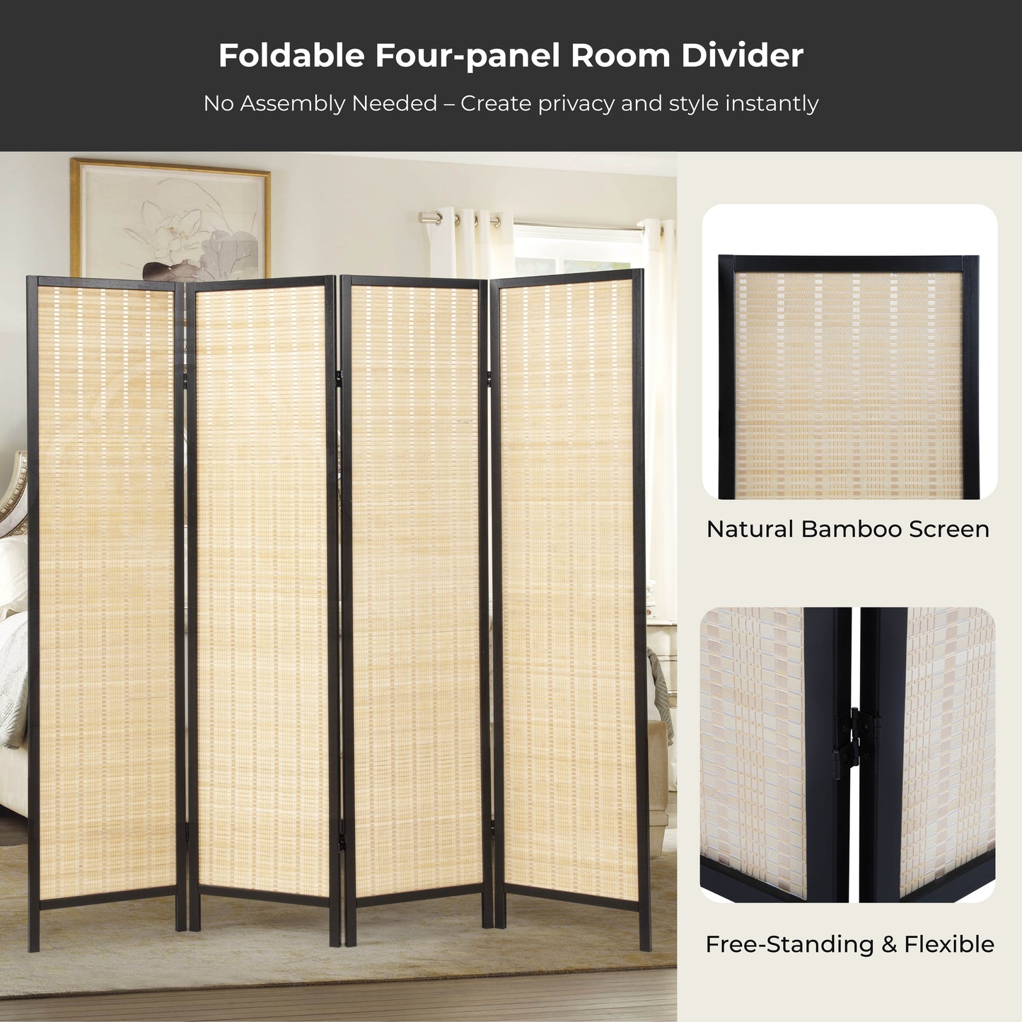 Roundhill Furniture Inkwell 4-Panel Bamboo Room Divider, Folding Portable Partition Screen