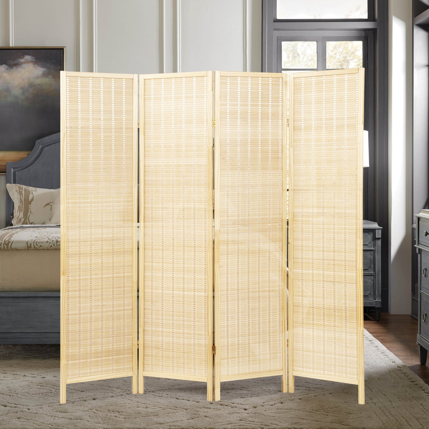 Roundhill Furniture Inkwell 4-Panel Bamboo Room Divider, Folding Portable Partition Screen