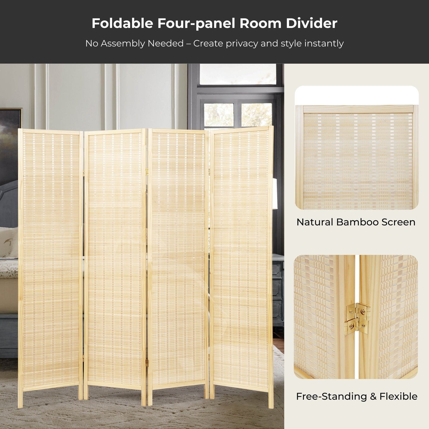 Roundhill Furniture Inkwell 4-Panel Bamboo Room Divider, Folding Portable Partition Screen