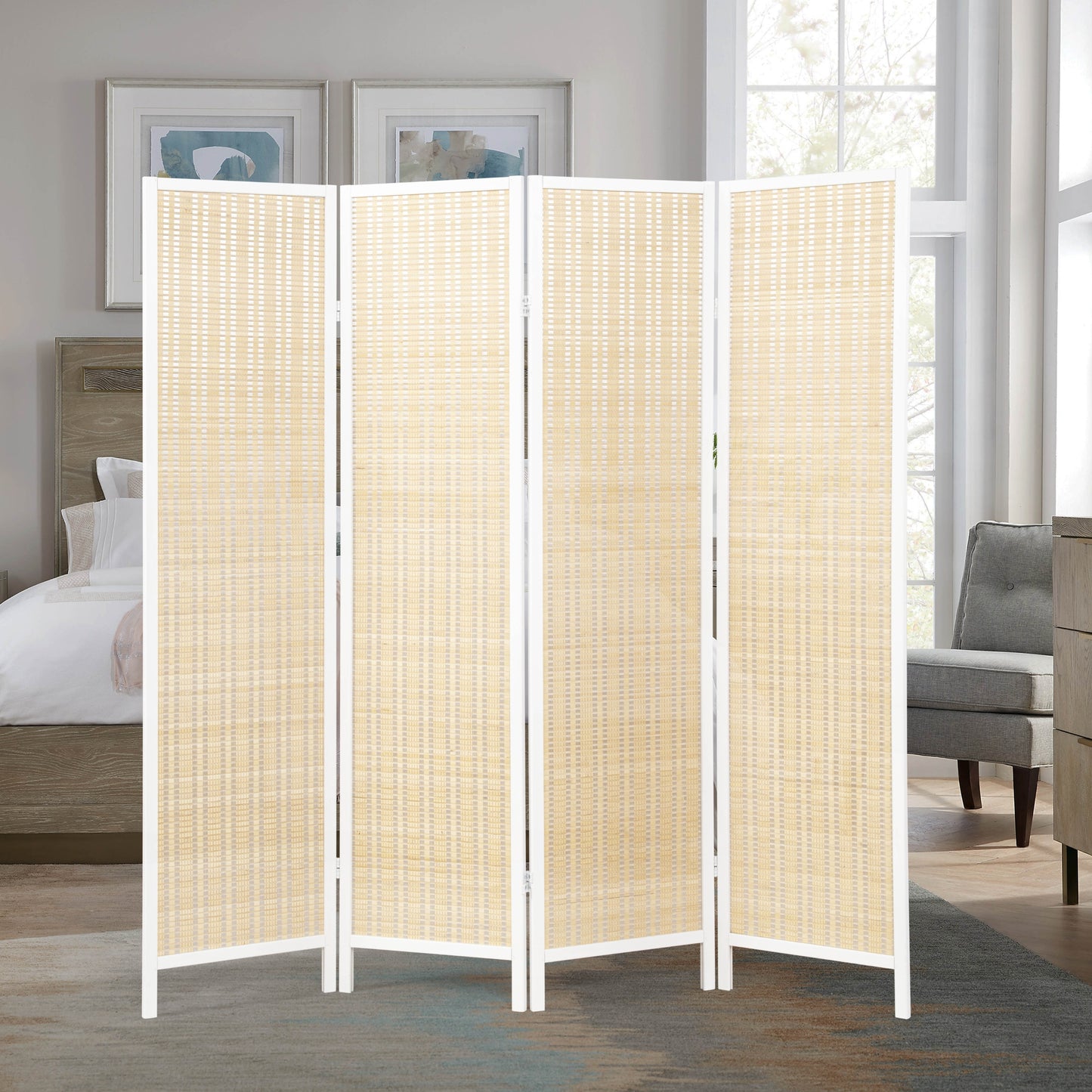 Roundhill Furniture Inkwell 4-Panel Bamboo Room Divider, Folding Portable Partition Screen