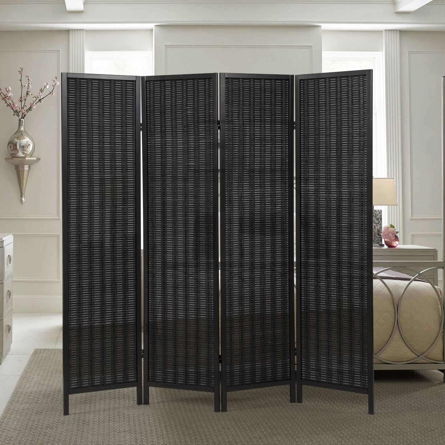 Roundhill Furniture Inkwell 4-Panel Bamboo Room Divider, Folding Portable Partition Screen