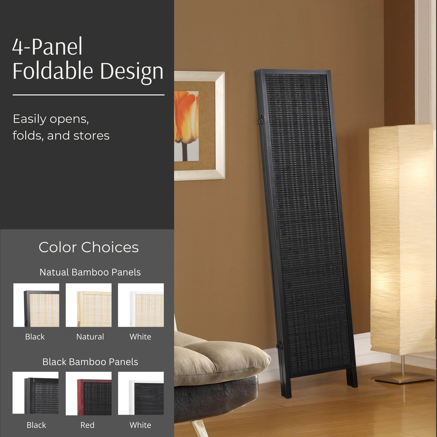 Roundhill Furniture Inkwell 4-Panel Bamboo Room Divider, Folding Portable Partition Screen