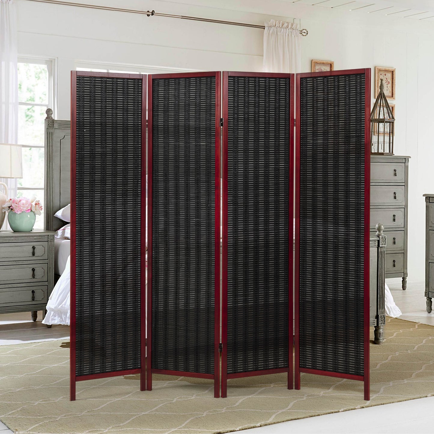 Roundhill Furniture Inkwell 4-Panel Bamboo Room Divider, Folding Portable Partition Screen