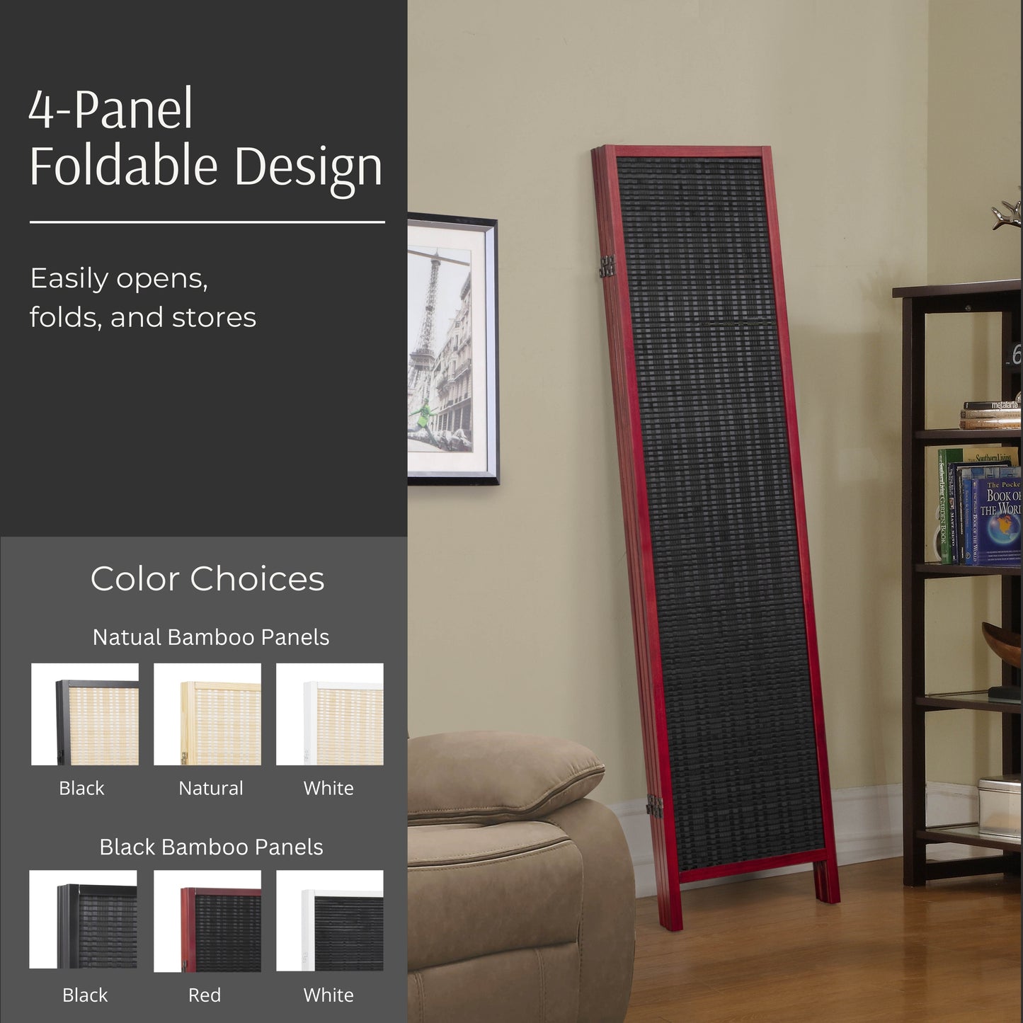 Roundhill Furniture Inkwell 4-Panel Bamboo Room Divider, Folding Portable Partition Screen