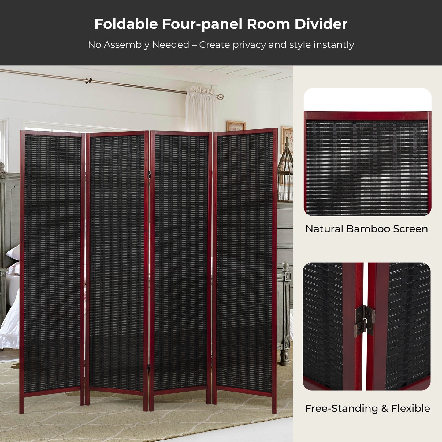Roundhill Furniture Inkwell 4-Panel Bamboo Room Divider, Folding Portable Partition Screen