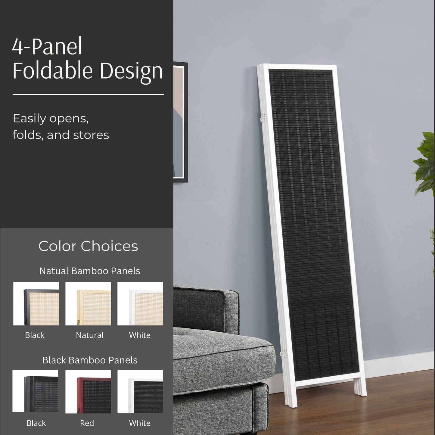 Roundhill Furniture Inkwell 4-Panel Bamboo Room Divider, Folding Portable Partition Screen