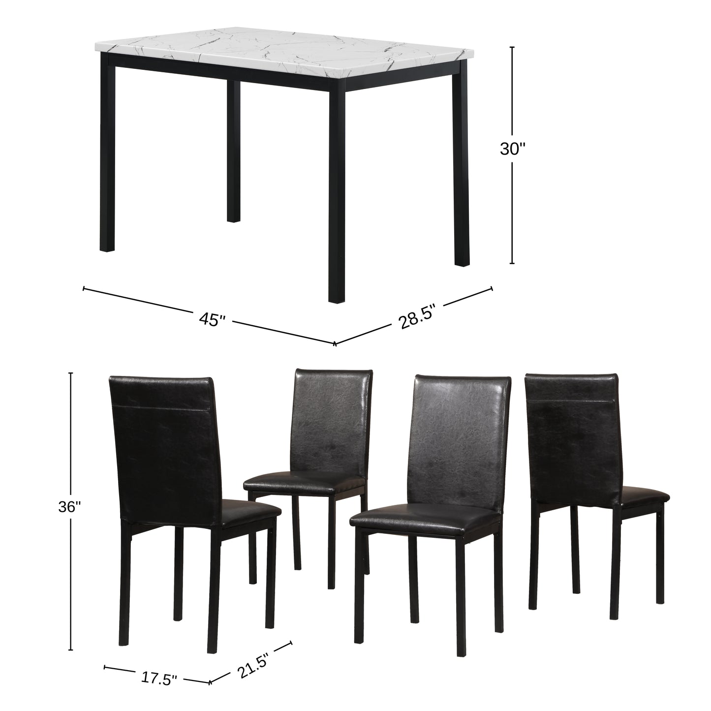 Citico 5-Piece Metal Dinette Set with Laminated Off-white Faux Marble Top, 4 Black Chairs