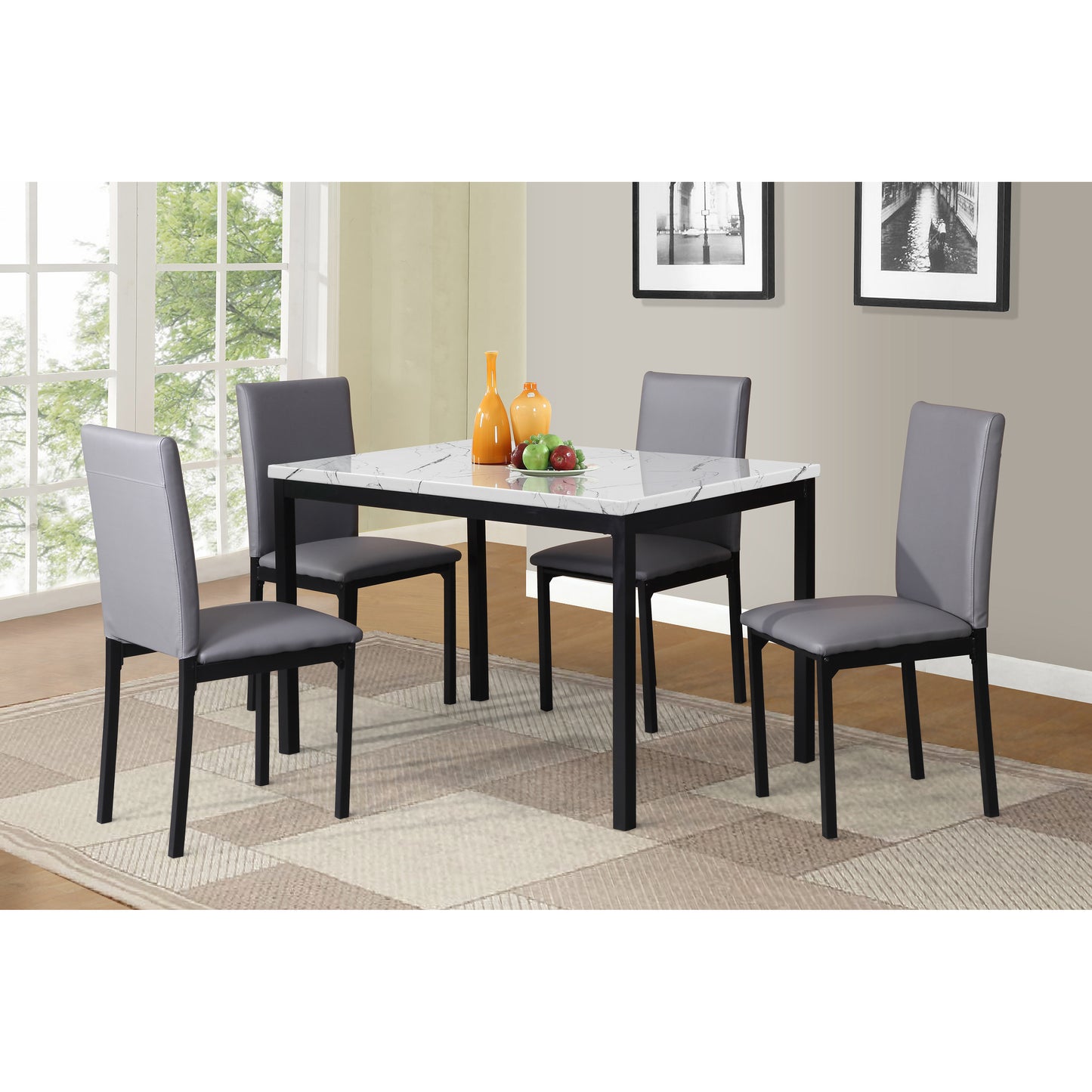 Citico 5-Piece Metal Dinette Set with Laminated Off-white Faux Marble Top, 4 Gray Chairs