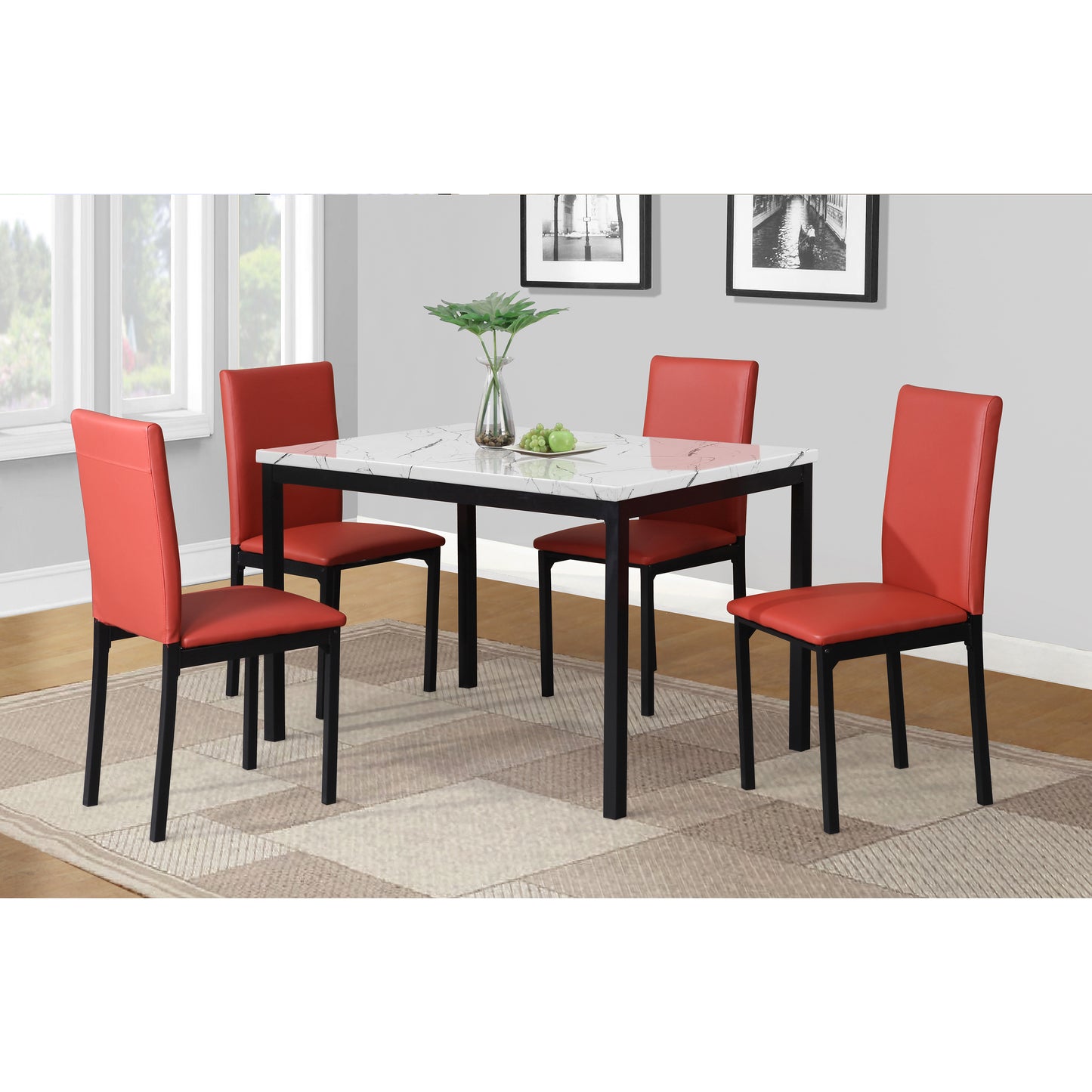 Citico 5-Piece Metal Dinette Set with Laminated Off-white Faux Marble Top, 4 Red Chairs